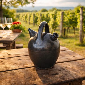 May include: A dark gray ceramic wine carafe with a handle, spout, and opening. The carafe sits on a wooden table with a vineyard in the background. Two wine glasses and a small flower pot are also on the table.