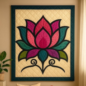 Può includere: Un grande arazzo da parete trapuntato con un fiore di loto stilizzato nei toni del rosa, verde acqua, viola e verde, su uno sfondo color crema. La trapunta è incorniciata da un bordo verde scuro e si trova sopra due cuscini e un cuscino da pavimento.