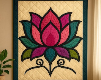蓮の花のキルトパターン：花のパッチワークデザイン（PDFダウンロード、複数のサイズをご用意）
