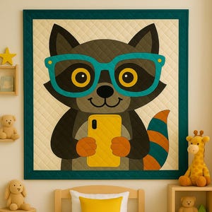 Puede incluir: Una escena de dormitorio infantil con un edredón grande y enmarcado con un mapache de dibujos animados con gafas turquesas y sosteniendo un teléfono amarillo. También se ve una cama de madera con una almohada amarilla y animales de peluche.