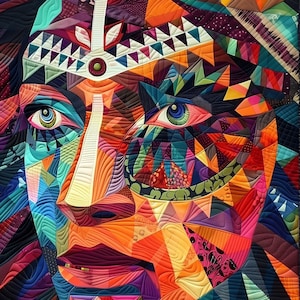 May include: A colourful abstract portrait of a person's face created using fabric and quilting techniques. The face is made up of geometric shapes and patterns in shades of blue, green, orange, red, and purple.