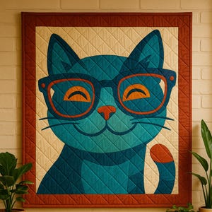 Cat quilt pattern ,PDF digital quilt pattern ,cat patchwork pattern ,cat with glasses quilt, easy quilt pattern ,children's quilt pattern