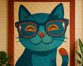 Cat with Glasses Quilt Pattern: Modern Patchwork Design (PDF Digital)