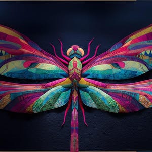 Könnte beinhalten: Ein großer, farbenfroher Wandbehang in Form einer Libelle. Die Flügel sind ein Patchwork aus leuchtenden Stoffen in Rosa-, Orange-, Blau- und Grüntönen. Der Körper ist eine Mischung aus Rosa und Grün, mit einem dunkelblauen Hintergrund.