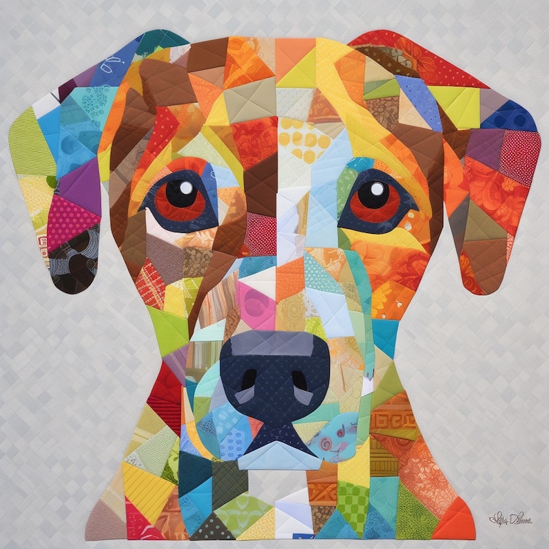 May include: A colorful patchwork quilt design of a dog's head. The dog has brown, orange, yellow, red, blue, green, and purple patches of fabric. The dog's nose is blue and black.