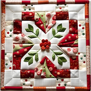 May include: A white fabric square with a red, green, and white patchwork design. The center of the square features a red berry design with green leaves.