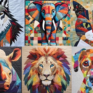 May include: A collage of six colorful animal portraits made from patchwork fabric. The animals include a wolf, elephant, cat, rhinoceros, lion, and dog.