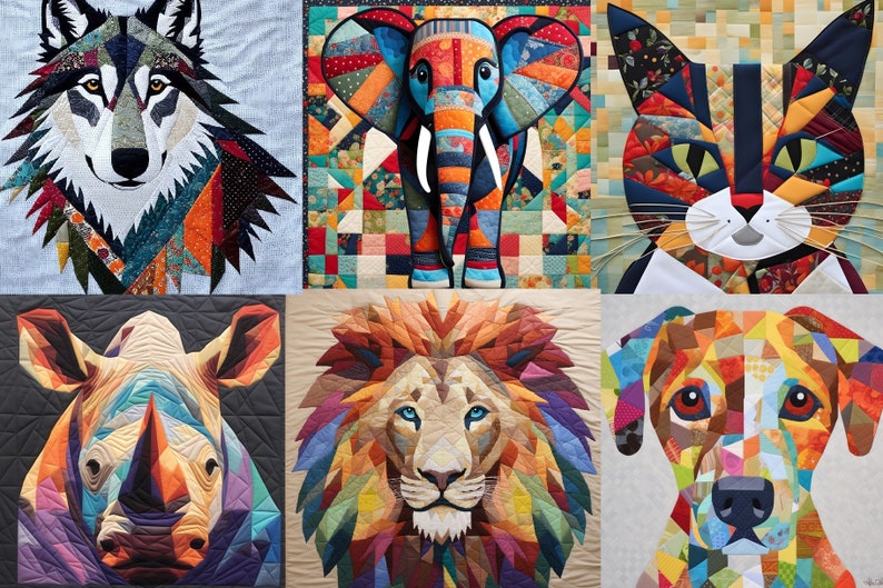 May include: A collage of six colorful animal portraits made from patchwork fabric. The animals include a wolf, elephant, cat, rhinoceros, lion, and dog.