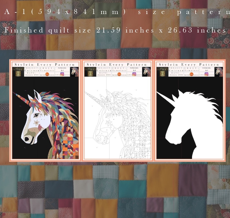 Puede incluir: Un patr&oacute;n de colcha de unicornio con tres im&aacute;genes: una colcha colorida, un dibujo de l&iacute;nea en blanco y negro y una silueta blanca sobre un fondo negro. El patr&oacute;n se titula "Stylein Every Pattern" e incluye el texto "Unicorn Temple" y "enero de 2023". El tama&ntilde;o de la colcha terminada es de 54,86 cm por 67,64 cm.