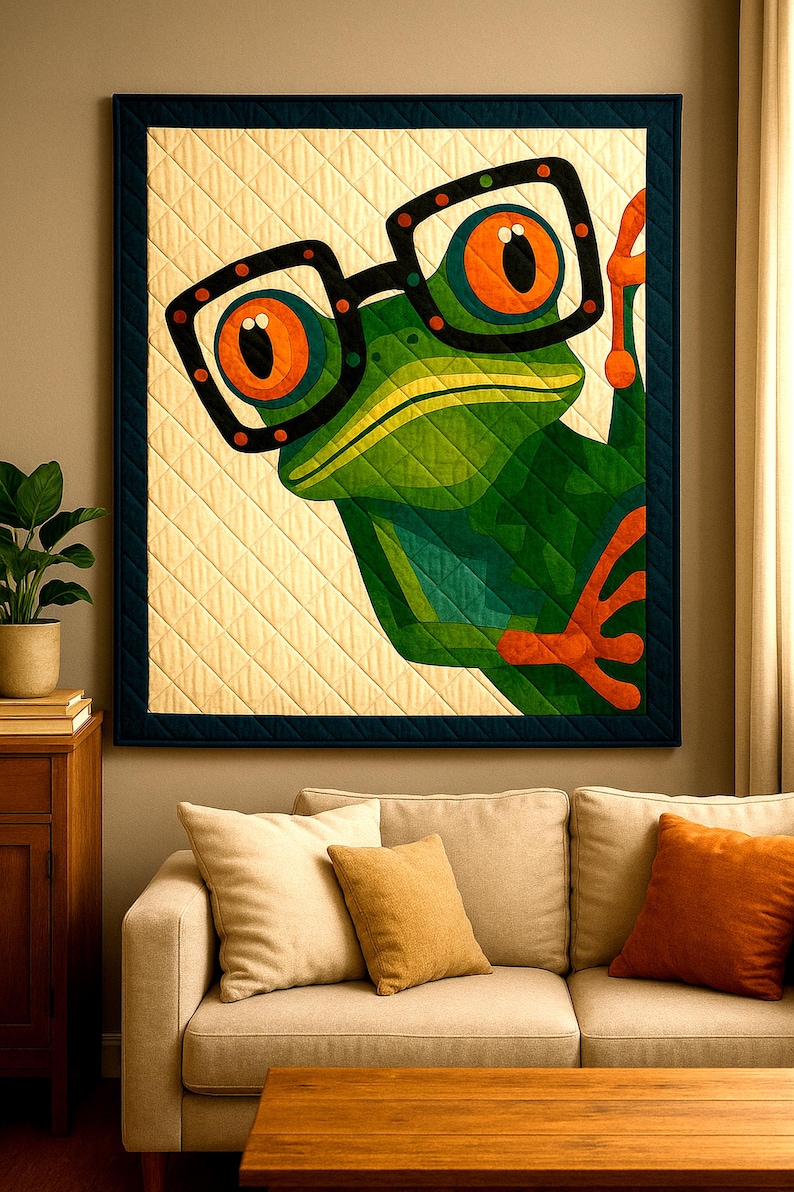 May include: A quirky quilted wall hanging depicting a green frog wearing large black-rimmed glasses with orange and black details. The frog has orange eyes and feet. The background is cream-coloured with a diamond pattern, framed by a dark blue border.