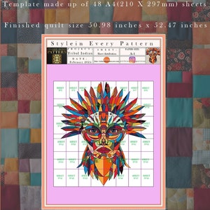 Puede incluir: Un dise&ntilde;o de patr&oacute;n de colcha colorido que presenta un rostro nativo americano con un tocado. El patr&oacute;n est&aacute; dividido en 48 cuadrados, cada uno etiquetado con un n&uacute;mero de hoja. El texto "Stylein Every Pattern" est&aacute; en la parte superior del dise&ntilde;o. El texto "Tribal Indian" est&aacute; debajo del t&iacute;tulo. El texto "February 2024" est&aacute; debajo del nombre del proyecto.