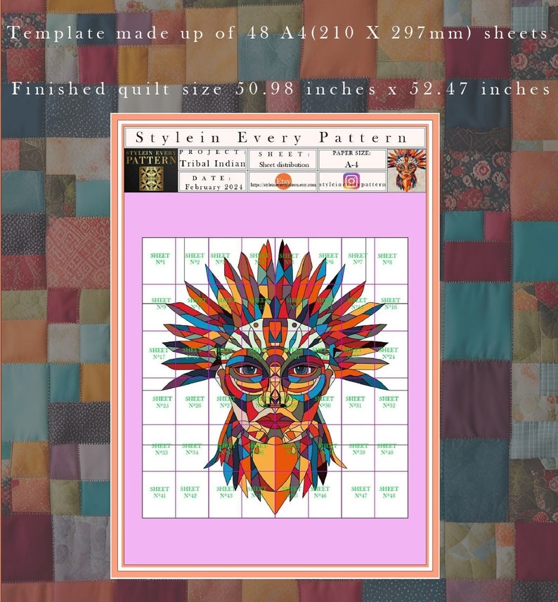 Puede incluir: Un dise&ntilde;o de patr&oacute;n de colcha colorido que presenta un rostro nativo americano con un tocado. El patr&oacute;n est&aacute; dividido en 48 cuadrados, cada uno etiquetado con un n&uacute;mero de hoja. El texto "Stylein Every Pattern" est&aacute; en la parte superior del dise&ntilde;o. El texto "Tribal Indian" est&aacute; debajo del t&iacute;tulo. El texto "February 2024" est&aacute; debajo del nombre del proyecto.
