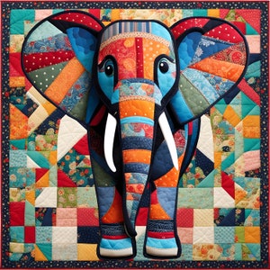 May include: A colorful patchwork quilt featuring a large elephant applique. The elephant is made of various fabrics in shades of blue, red, orange, and green. The quilt is a great example of traditional quilting techniques.