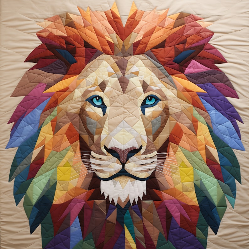 May include: A colorful geometric patchwork quilt design of a lion's head with a mane of red, orange, yellow, green, blue, and purple. The lion's face is a light brown color with a white beard and a black nose.