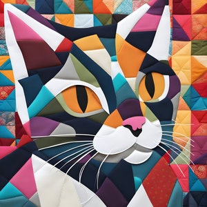 Modèle de patchwork de chat , projet de patchwork d'animaux , conception de courtepointe de chat , projet de couture de patchwork de chat , techniques de couture , chat de couture , chat