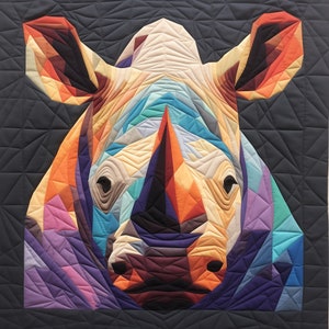 May include: A colorful geometric patchwork quilt depicting a rhinoceros with a large horn. The quilt is made of various shades of blue, purple, orange, and brown fabric.