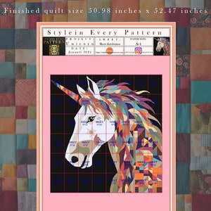 Puede incluir: Un patr&oacute;n de colcha de unicornio colorido con una cuadr&iacute;cula que muestra c&oacute;mo cortar y coser 48 hojas A4 de papel para crear la colcha terminada. El tama&ntilde;o de la colcha terminada es de 50,98 pulgadas por 52,47 pulgadas.