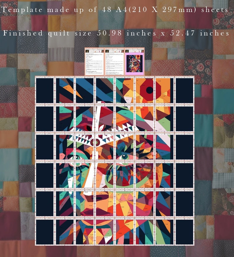以下が含まれることがあります： 中央に人間の顔があるカラフルな幾何学模様のキルトパターン。キルトは48枚のA4シートでできており、129.4cm&times;133.3cmです。
