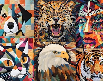 Pack de motifs patchwork , patchwork léopard , patchwork de tigres , patchwork de chats , patchwork de chiens , patchwork de femmes , patchwork d'aigle , kits