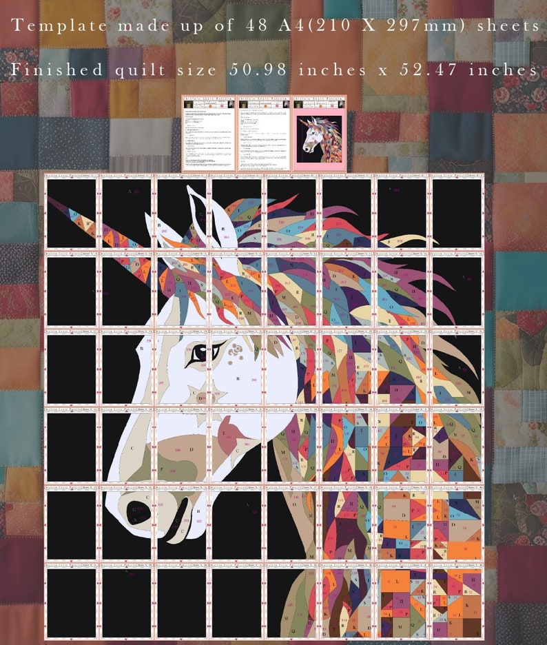 Puede incluir: Un patr&oacute;n de acolchado para un unicornio con fondo negro y formas geom&eacute;tricas de colores. El patr&oacute;n est&aacute; formado por 48 hojas A4 y el tama&ntilde;o del acolchado terminado es de 129,4 cm por 133,3 cm.