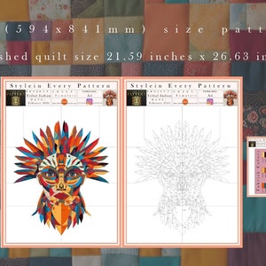 Puede incluir: Un patr&oacute;n digital para una colcha con un dise&ntilde;o geom&eacute;trico colorido de un rostro nativo americano con tocado. El patr&oacute;n est&aacute; etiquetado como "Stylein Every Pattern Tribal Indian Template A1". El patr&oacute;n es de 594 x 841 mm y el tama&ntilde;o de la colcha terminada es de 21,59 pulgadas x 26,63 pulgadas.