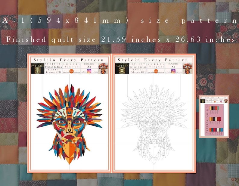 Puede incluir: Un patr&oacute;n digital para una colcha con un dise&ntilde;o geom&eacute;trico colorido de un rostro nativo americano con tocado. El patr&oacute;n est&aacute; etiquetado como "Stylein Every Pattern Tribal Indian Template A1". El patr&oacute;n es de 594 x 841 mm y el tama&ntilde;o de la colcha terminada es de 21,59 pulgadas x 26,63 pulgadas.
