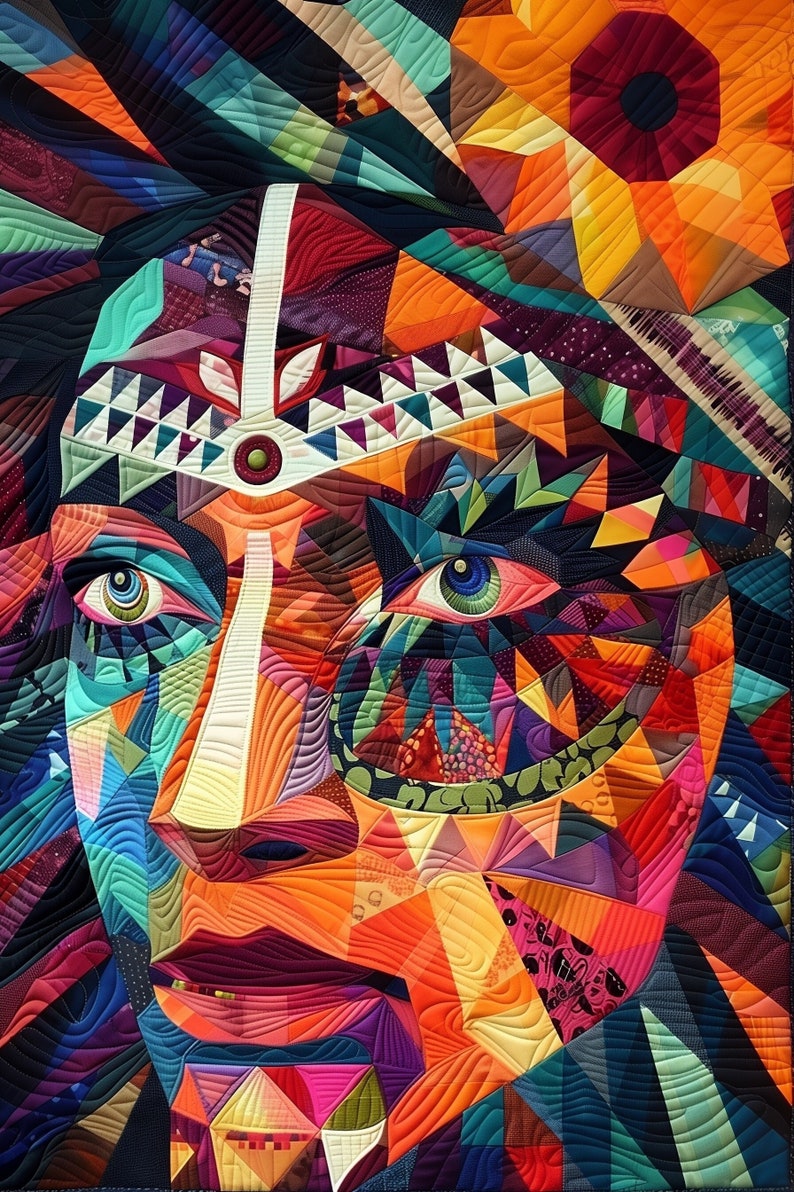 以下が含まれることがあります： 布とキルトの技法で制作された、カラフルな抽象的な人物の顔の肖像画。顔は、青、緑、オレンジ、赤、紫の色合いの幾何学的な形とパターンで構成されています。