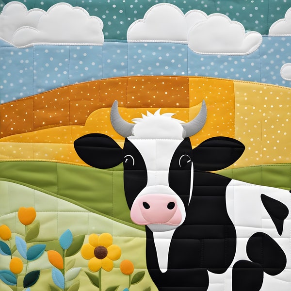 Vache avec paysage, modèle pour les projets de couture, modèle patchwork