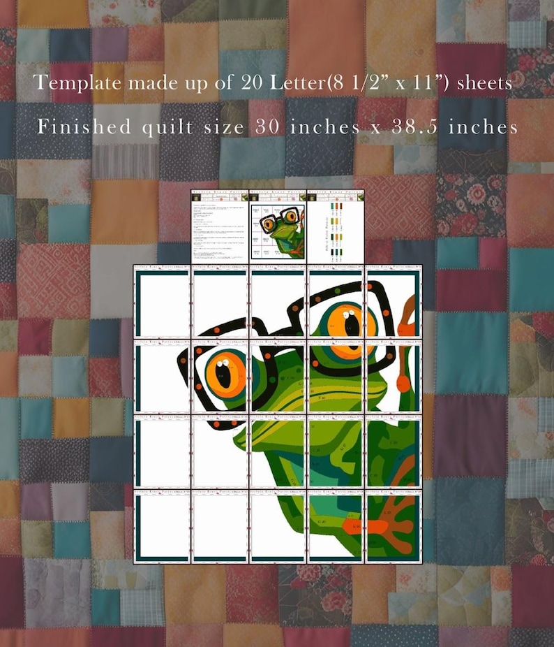 May include: A quilt pattern template made of 20 sheets, with a finished quilt size of 76 cm x 98 cm. The template features a cartoon frog wearing glasses. The background is a patchwork quilt.