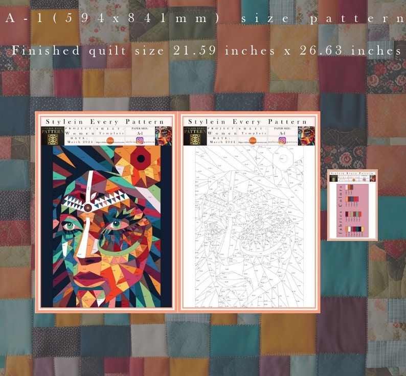 以下が含まれることがあります： 中央に女性の顔がある、カラフルな幾何学模様のキルトパターン。パターンは、パターンとカラーチャートの2枚の紙に印刷されています。完成したキルトのサイズは、54.86cm x 67.64cmです。