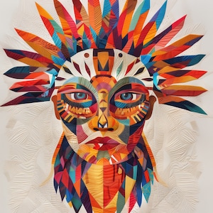 Puede incluir: Un retrato geométrico colorido de una persona con un tocado hecho de tela. La cara de la persona está hecha de muchas formas y colores diferentes, y el tocado está hecho de muchas plumas diferentes.