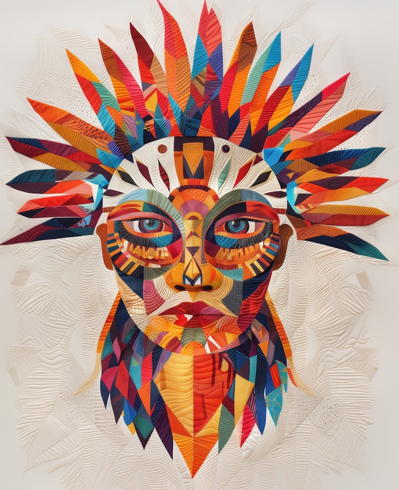 Puede incluir: Un retrato geom&eacute;trico colorido de una persona con un tocado hecho de tela. La cara de la persona est&aacute; hecha de muchas formas y colores diferentes, y el tocado est&aacute; hecho de muchas plumas diferentes.