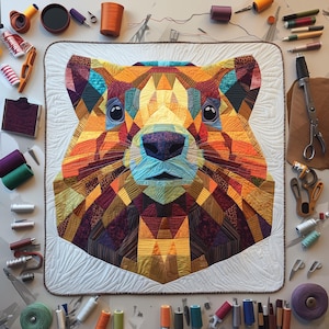 Puede incluir: Una colcha de retazos geométrica colorida que representa la cara de un oso. La colcha está hecha de varios tonos de tela marrón, naranja, amarillo, rojo y azul. La cara del oso está cosida con detalles intrincados, creando un diseño único y llamativo.