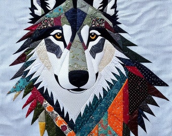 Patchwork wolf pattern , Sewing ideas with wolf patchwork , Quilt pattern with wolf , Fabric for wolf patchwork projects , embroidery wolf