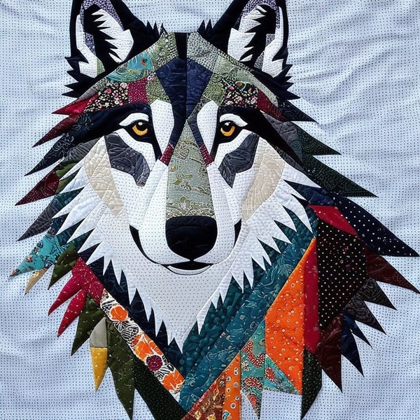 Patchwork wolf pattern , Sewing ideas with wolf patchwork , Quilt pattern with wolf , Fabric for wolf patchwork projects , embroidery wolf