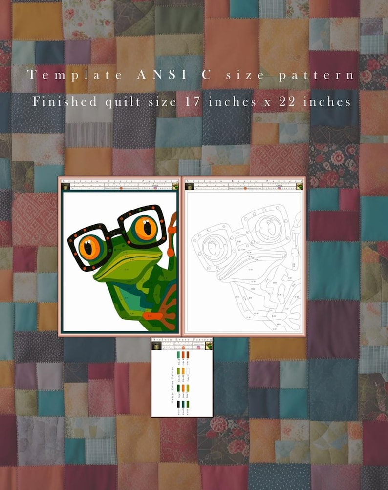 May include: A patchwork quilt with a frog illustration wearing glasses, a line drawing of the frog, and a colour palette chart. The finished quilt size is 43 cm x 56 cm.