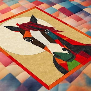 May include: A colourful stained glass style image of a horse's head with a white background. The horse has a red mane and a brown and white face.