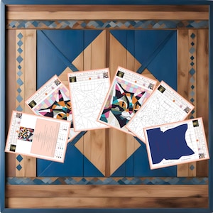 May include: Five printed sheets of paper with a colorful cat mosaic pattern. The sheets are titled "Stitch Every Pattern" and include a color key and a grid for the mosaic.