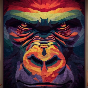 May include: A colourful quilt depicting a close-up of a gorilla's face. The artwork uses a spectrum of colours, including red, orange, yellow, green, blue, and purple, to create a striking visual effect. The quilt's design highlights the gorilla's features.