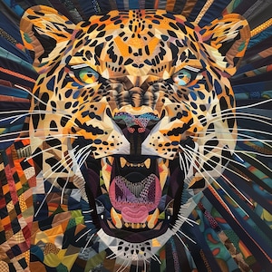 May include: A close-up of a colourful, geometric, patchwork-style image of a roaring leopard. The leopard's fur is made of different coloured fabric pieces, creating a unique and textured look.