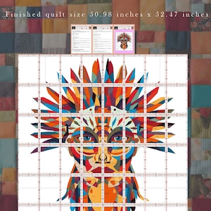 Puede incluir: Una plantilla de acolchado geom&eacute;trico de colores con un rostro humano estilizado con plumas. La plantilla est&aacute; compuesta por 48 hojas A4 y crear&aacute; un acolchado terminado que mide 129,5 cm por 133,3 cm.