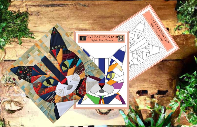 May include: A colorful patchwork cat quilt with a grid pattern. The quilt is made of different fabrics and colors, including red, blue, green, yellow, and white. The quilt is a great way to add a touch of whimsy to any room.