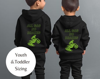 Personalizable Youth, Toddler Dirt Bike Gas Sweatshirt, Design Motocross Hoodie, Supercross Motorcycle Long Sleeve, Neon No Brakes Pullover