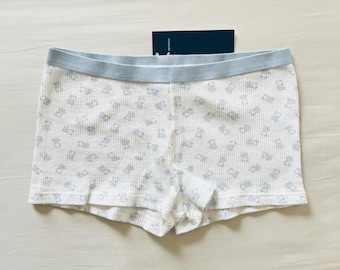 BNWT Brandy Melville/John Galt white and baby blue thermal waffle boy shorts with baby blue waistband and teddy bears graphic design