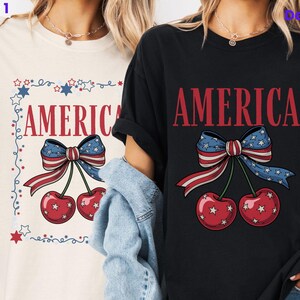 Camiseta de cereza americana, camiseta de cereza del 4 de julio, camiseta de cereza con lazo y estrella, camiseta roja, blanca y azul, camiseta de cereza del 4 de julio