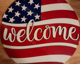 Patriotic Welcome Sign - Red behind Welcome