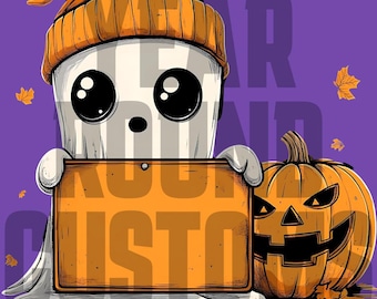 Carino Kawaii Ghost Design Digitale con Zucca e Cartello Arancione File PNG e SVG per Halloween Crafting File Digitale per Stampa a Sublimazione