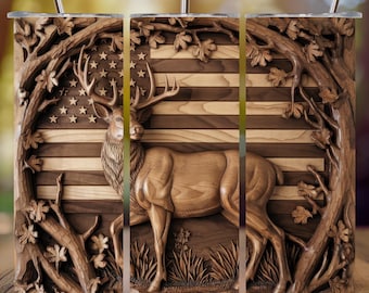 Patriotic Deer Skinny Tumbler con cannuccia, 20oz, doppia parete, isolata, tazza da viaggio, motivo bandiera USA, perfetto regalo per la caccia e decorazioni rustiche