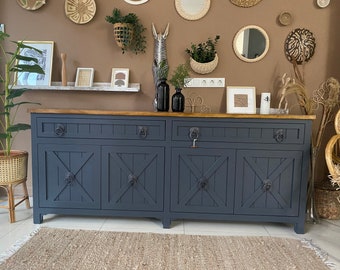 UNIQUE SIDEBOARD. Anthracite Color. Custom Decorative Solid Wood Consoles With Drawers(2) And Shelves(2) .Intriguing  Mid-Century Buffet.