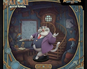 Może przedstawiać: Figurka Fat Cat z Chip i Dale: Brygada RR, w fioletowym garniturze i czerwonym krawacie. Obraz zawiera tekst "FAT CAT RESCUE RANGER" i "Chip 'n Dale Rescue Rangers". Tło to szczegółowa scena wnętrza.